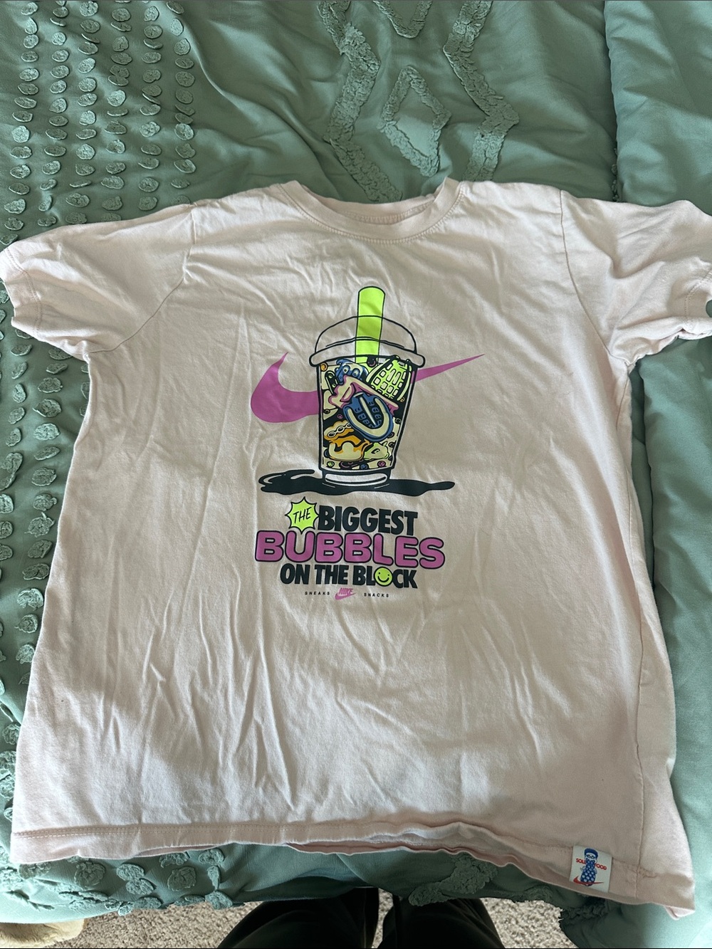 Nike Pink Bubble Tea Graphic Kids Tee with Neon Accents
